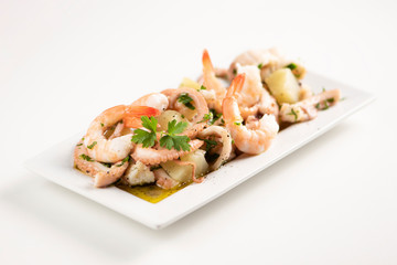 Seafood salad on white background