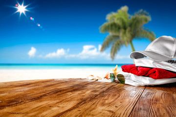 Summer background of free space for your decoration and green palm on beach. 