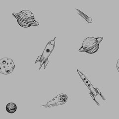 Space seamless pattern with planets, stars, rockets. Hand drawn sketch converted to vector.