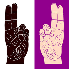 Hand gesture, two fingers together, yoga mudra on white and on a purple background
