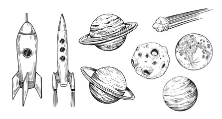 Set of space objects: planets, stars. Hand drawn vector