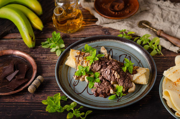 Decorated pancakes with chocolate ice cream