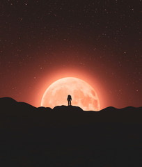 Astronaut on top of a mountain peak with big moon,3d rendering © Joe Therasakdhi
