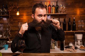 Attractive bartender playing with his long beard behind the counter.