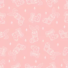 Gordijnen Socks and bunny rabbits seamless pattern, white outline on pink color background, vector © Katya Suresh