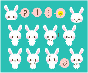 うさぎアイコン・ひらめき・驚く・？・！・怒る・悩む・考える・バイバイ・おすまし・イラスト