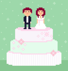 Pixel art wedding cake with a couple on top. Cute characters, bride and groom. Green background. 8-bit vector illustration.