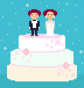 Pixel art wedding cake with a couple on top. Cute characters, bride and groom. Blue background. 8-bit vector illustration.