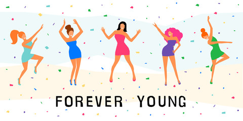 Dancing girl  card background. Happy dansing bright colored adult woman for design modern pop party invitation, birthday greeting card, fashion shop sale advertising, bag print, holiday wallpaper etc.