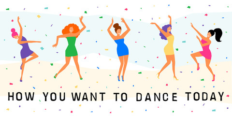 Dancing girl  card background. Happy dansing bright colored adult woman for design modern pop party invitation, birthday greeting card, fashion shop sale advertising, bag print, holiday wallpaper etc.