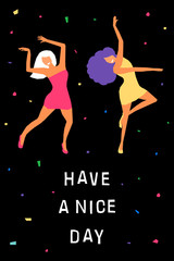 Dancing girl  card background. Happy dansing bright colored adult woman for design modern pop party invitation, birthday greeting card, fashion shop sale advertising, bag print, holiday wallpaper etc.