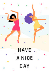 Dancing girl  card background. Happy dansing bright colored adult woman for design modern pop party invitation, birthday greeting card, fashion shop sale advertising, bag print, holiday wallpaper etc.