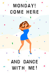 Dancing girl  card background. Happy dansing bright colored adult woman for design modern pop party invitation, birthday greeting card, fashion shop sale advertising, bag print, holiday wallpaper etc.