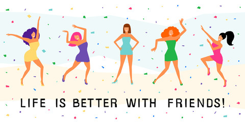 Dancing girl  card background. Happy dansing bright colored adult woman for design modern pop party invitation, birthday greeting card, fashion shop sale advertising, bag print, holiday wallpaper etc.