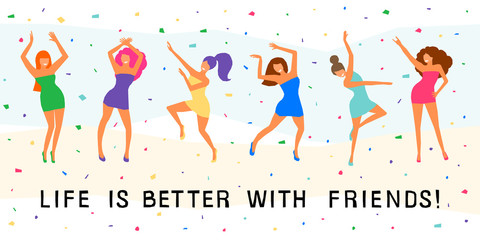 Dancing girl  card background. Happy dansing bright colored adult woman for design modern pop party invitation, birthday greeting card, fashion shop sale advertising, bag print, holiday wallpaper etc.