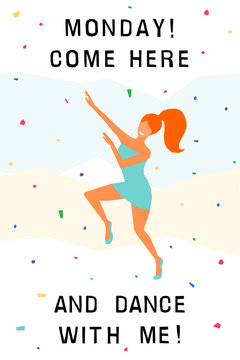 Dancing girl  card background. Happy dansing bright colored adult woman for design modern pop party invitation, birthday greeting card, fashion shop sale advertising, bag print, holiday wallpaper etc.