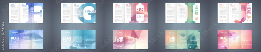 Poster vector modern tri-fold brochure design template set with colorful polygonal background and letter de