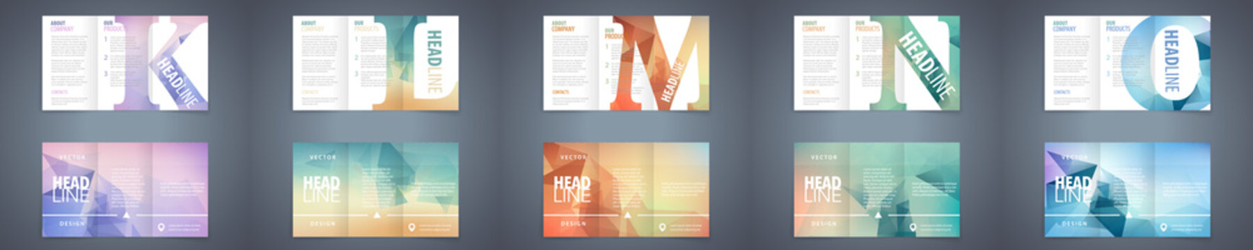 Vector modern tri-fold brochure design template set with colorful polygonal background and letter design element. Best corporate style layout 
