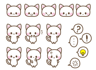 かわいいしろねこちゃん・びっくり・お悩み・プンプン怒る・ひらめいた！色んなポーズ表情イラスト素材