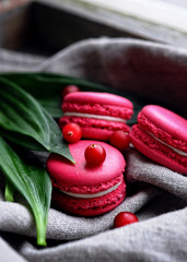food photography of bright pink macaroon cakes side view with berries and green leaves on gray fabric background close up