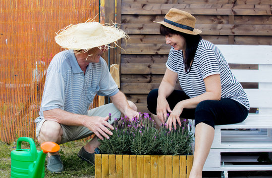 Senior woman and man take care for a flowers in a garden