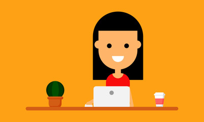 Happy Businesswoman is sitting working at the table with a laptop. Business concept. funny cartoon character isolated on yellow background. vector illustration.