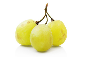 Grape berries front view. Isolated on white with shadow reflection. Grape beads front shot. Yellow grape. Three berries. Ripe berries. Grape berries isolated on white. Vinery theme