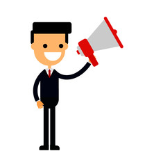 happy businessman with hand holding megaphone. make an announcement. funny cartoon character isolated on white background. vector illustration.