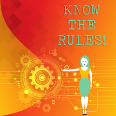 Word writing text Know The Rules. Business photo showcasing Understand terms and conditions get legal advice from lawyers Woman Standing and Presenting the SEO Process with Cog Wheel Gear inside