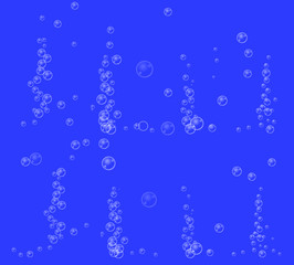 Realistic underwater white fizzing air bubbles flow isolated on blue background. Effervescent drink. Fizzy sparkles in water, aquarium, champagne, wine, ocean. Undersea oxygen or gas texture. Vector
