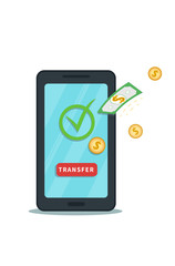 Online money transfer from mobile app. Successful bank transaction. Digital wallet. Flat smartphone with check mark, transfer button and cash. Concept of withdrawal, cashback or bonus.