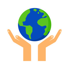 Happy Earth day concept. Save the earth. two hands protecting the world Isolated on white background. Cartoon style. Vector Illustration.