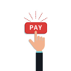 Flat hand forefinger click on red pay button isolated on white background. Design element for mobile payment app, add to cart, customer purchase, place order