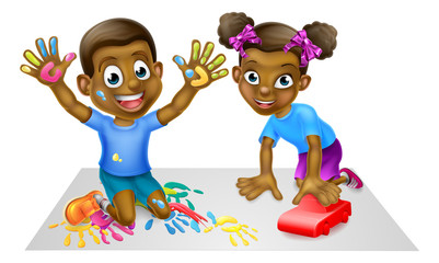 Obraz na płótnie Canvas Two happy black children playing together with paint and toy car.
