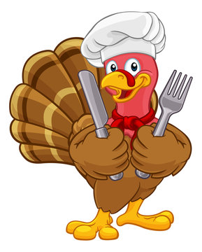 Chef Turkey Thanksgiving or Christmas bird animal cartoon character. Wearing a chefs hat and holding a knife and fork