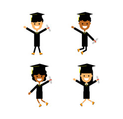 Set of happy children in a graduation. students celebrating. cartoon characters Isolated on white background. Vector Illustration.