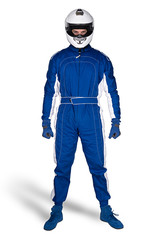 Determined race driver in blue white motorsport overall shoes gloves and integral safety crash...
