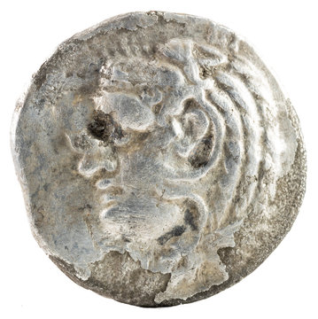 Carthaginian coin.  Ancient Carthaginian silver triobolo coined in Agadir. Obverse.