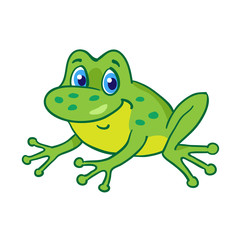 Little funny cartoon frog is sitting. Isolated on a white background