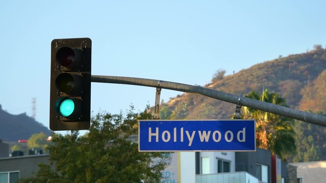 Hollywood boulevard street sign and traffic lights in 4k