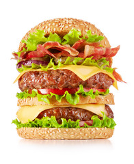 big double cheeseburger with bacon isolated on white background