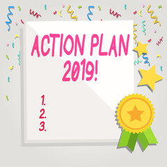 Text sign showing Action Plan 2019. Business photo showcasing proposed strategy or course of actions for current year White Blank Sheet of Parchment Paper Stationery with Ribbon Seal Stamp Label