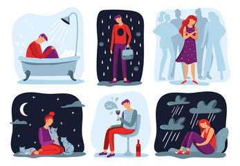 Feel loneliness. Feeling lonely, sad depressive person and social isolation vector illustration set