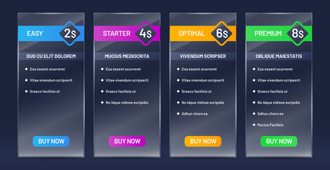 Glassy tariff plans comparison. Tariffs price list, buy banners and website pricing chart transparent glass vector set