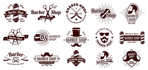 Vintage barber badges. Gentleman haircut styling, barbershop razor and shave salon. Mans hair haircuts badge vector illustration set