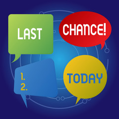 Text sign showing Last Chance. Business photo showcasing final opportunity to achieve or acquire something you want Blank Speech Bubble Sticker in Different Shapes and Color for Multiple Chat