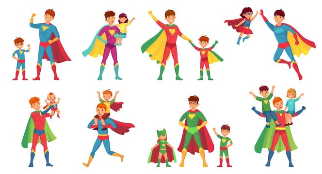 Cartoon Father Superhero. Happy Fathers Day, Super Parent With Kids And Hero Dad Vector Illustration Set