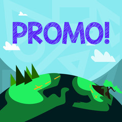 Handwriting text writing Promo. Conceptual photo Piece of advertising Discount Special Offer Sale Mountain View with Marked Hiking Trail and Trekking Tracks for Outdoor Ads