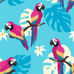 Trendy pattern with parrots and tropical leaves. Vector seamless texture.  © Tayisiya