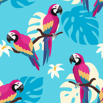 Trendy pattern with parrots and tropical leaves. Vector seamless texture. 